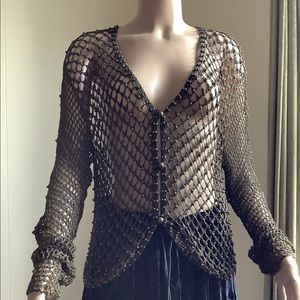 Openwork fishnet beaded cardigan,viscose, Net Work, size S/M, khaki/olive colorI